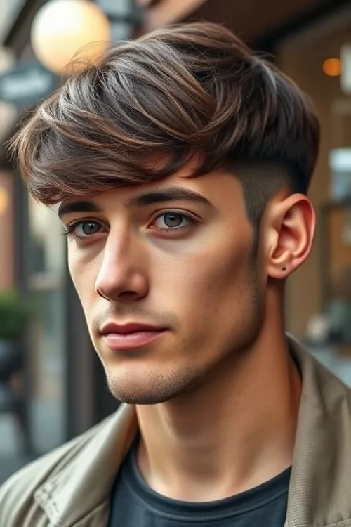 Side-Swept Fringe with Low Burst Fade for Men