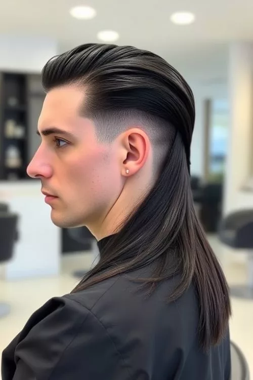 Slicked Back Burst Fade Mullet for Men