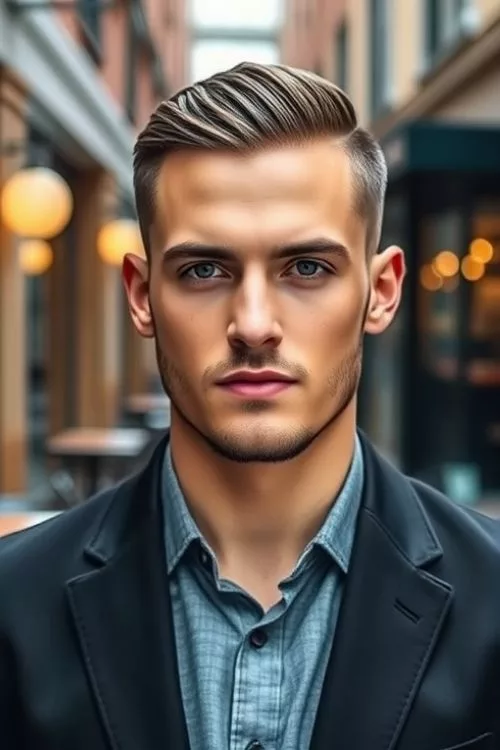 Slicked-Back Undercut with Low Burst Fade for Men
