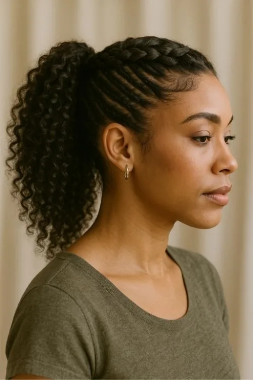 Crown Braid with Curled Pony
