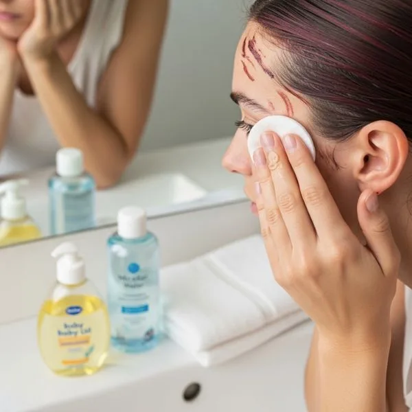 a woman is removine Hair Dye stain from her face