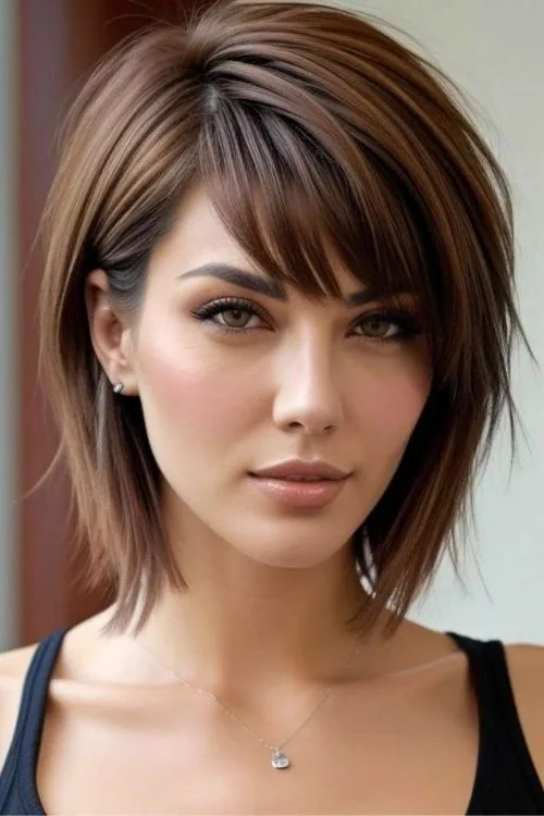 Chin-Length Angled Cut with Curtain Bangs