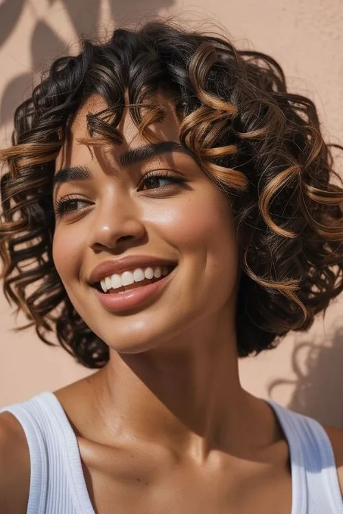 Curly Inverted Bob with Curtain Bangs
