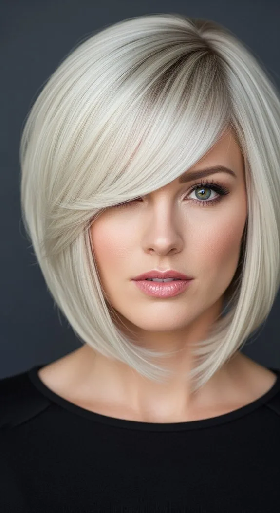 Asymmetrical Bob With Side-Swept Bangs for Heart-Shaped Faces