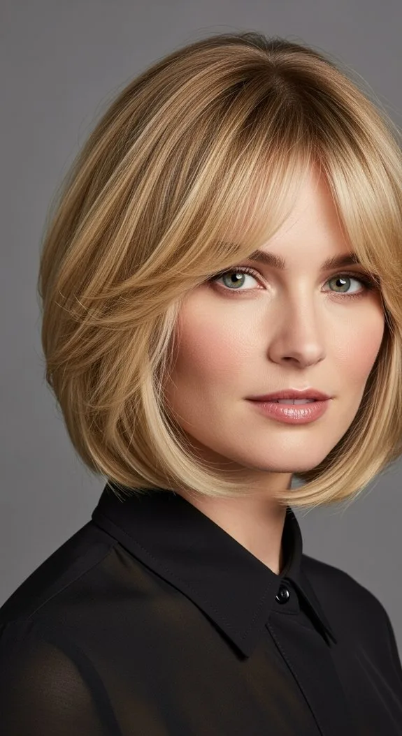 Layered Short Cut With Curtain Bangs for Round Face Shapes