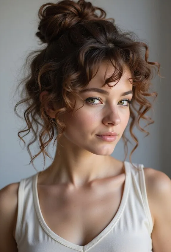 intentionally undone curly bun with tendrils