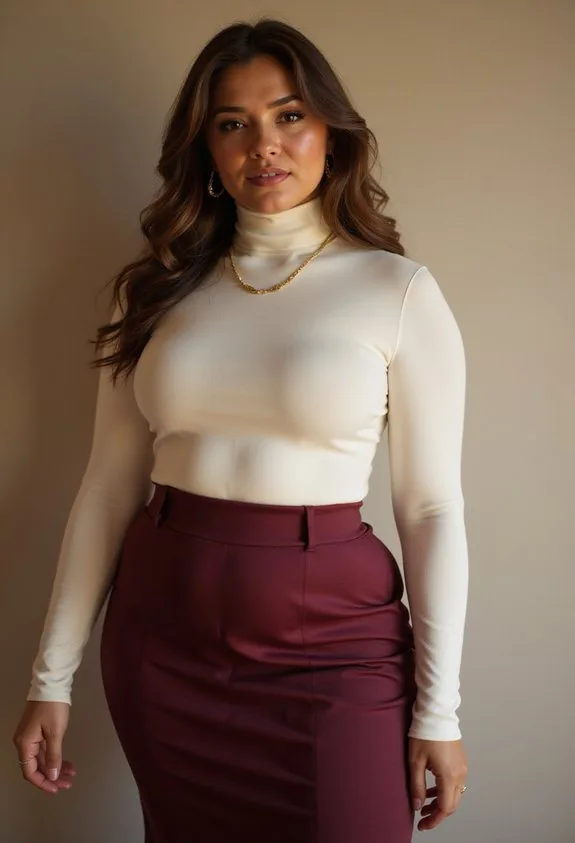 curves flattering midi skirt fitted turtleneck