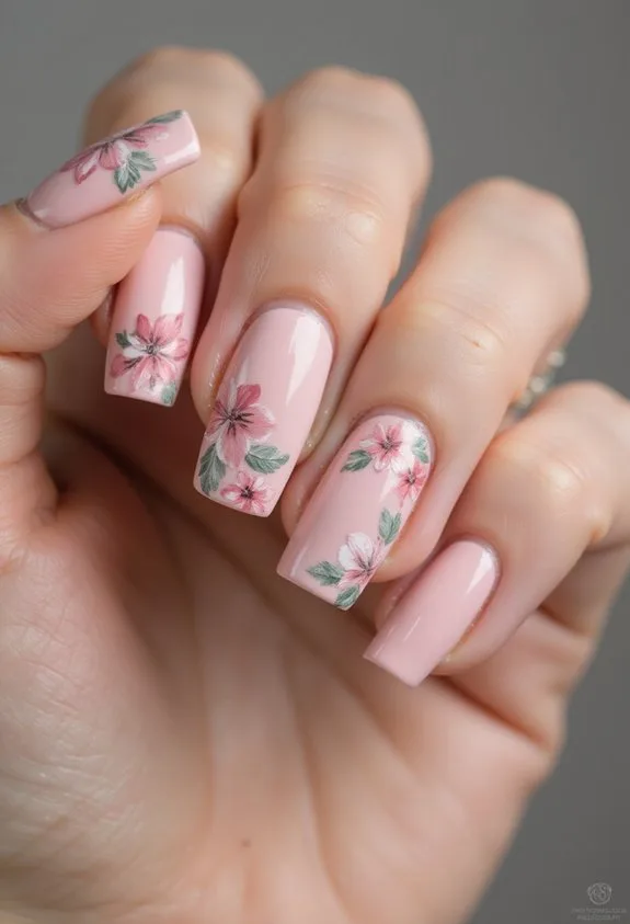 delicate hand painted floral manicure artwork
