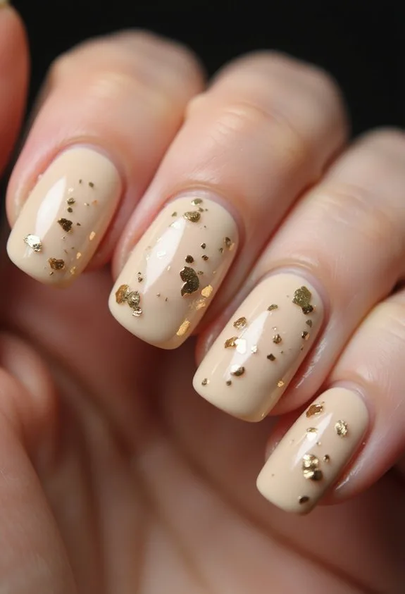 sophisticated neutral manicure with gold flakes
