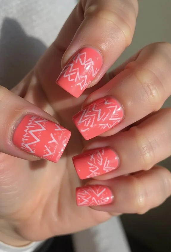vibrant geometric flamingo nail pattern
