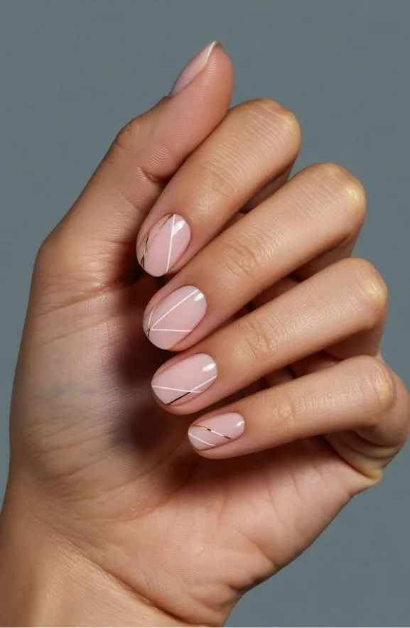 Geometric Line Art on Pink Almond Nails