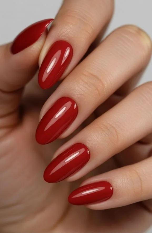 Glossy Red Almond Manicure