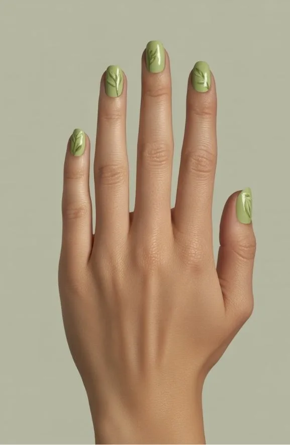 Pale Green With Hand-Painted Leaves
