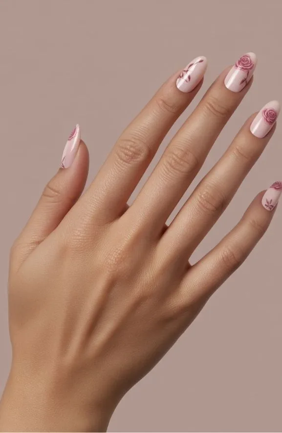 Vintage Rose Motif Almond Nails