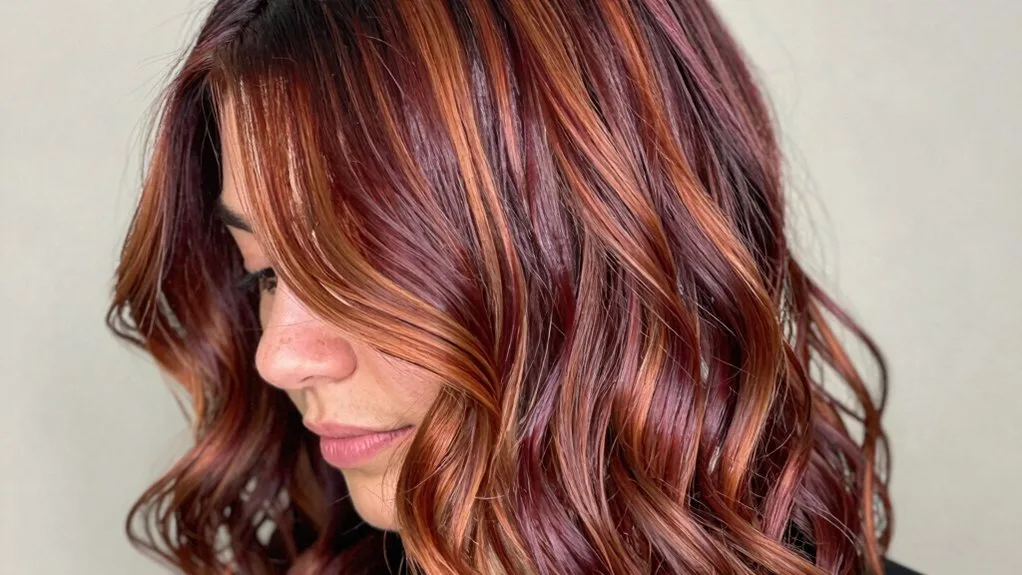 warm copper burgundy balayage blend